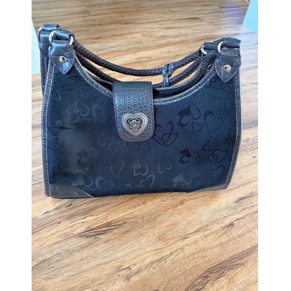 Brighton Black Heart Jacquard Croc Embossed Leather Trim Shoulder Bag Brown